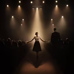 a woman walking down a long dark runway