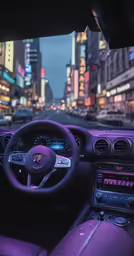 view of the interior of a vehicle with multiple instruments, a dash board, and buildings