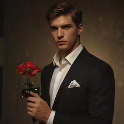 man in a suit holding a vase with roses