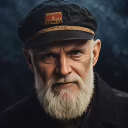 an old man with white hair and a beard and wearing a hat