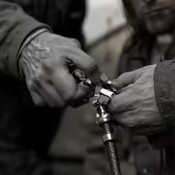 a black and white image of two people cutting something