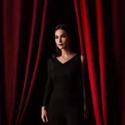 a woman standing in front of red curtain