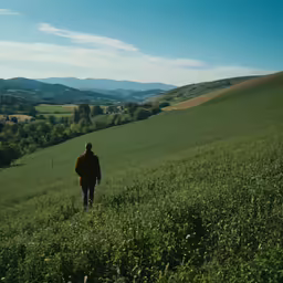 a person walks through a lush green field