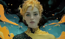 a female wearing black and gold clothes and necklaces