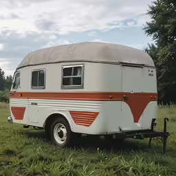 an orange and white trailer parked in some grass
