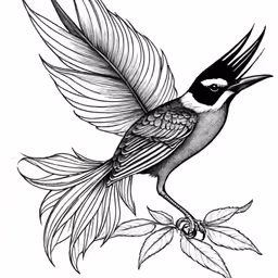 an inked bird with leaves in its beak