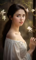 a beautiful woman with a white blouse is holding a tree