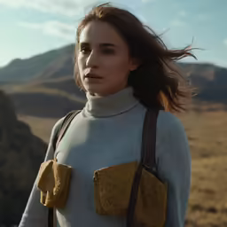 a girl is walking in the wild with her hair in the wind