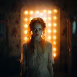 a woman in a white dress looking at the camera,a young lady standing in front of a window covered in lights