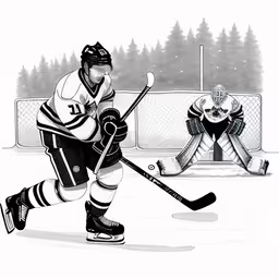 the hockey player is trying to make a shot,hockey players on the ice with sticks in front of goalies