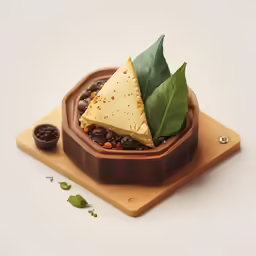 a dessert sits in the center of a small wooden bowl