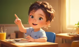 a little kid sitting at a desk with food in front of him