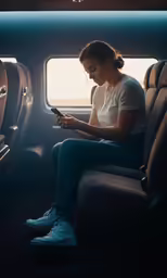 a woman sits and uses her phone as she sits in an airplane