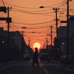 an image of a woman walking down the street at sunset