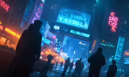 people stand at night in the city on a foggy street