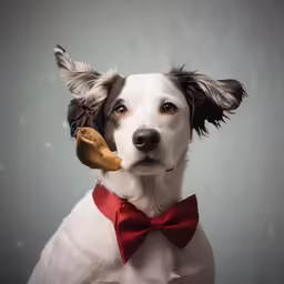 dog with a biscuit and red bowtie posing for a photo