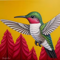 a painting of a hummingbird with trees in the background,a humming bird flying over a tree covered forest