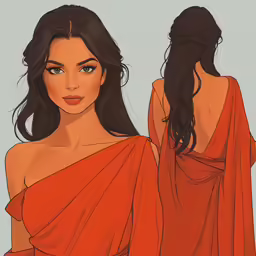 a cartoon style woman with long brown hair wearing an orange dress