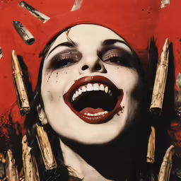 a woman with fake blood all over her face and holding weapons