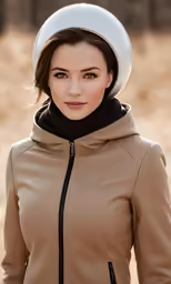 woman with a brown jacket and a white helmet