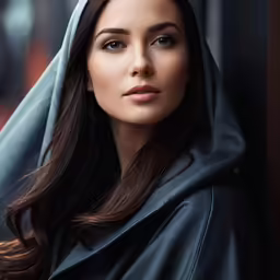 a young woman with long dark hair is wearing a grey robe