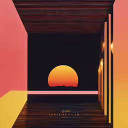 an image of the sunset that is coming out from inside a room,the inside of an empty room with a sunset