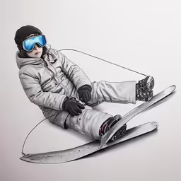 a person sitting on a snowboard with the skis down