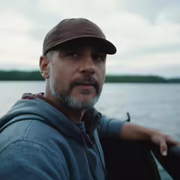 a man with a beard and cap on is sitting on the boat in the water
