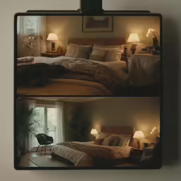 two photographs of a bedroom with double lights