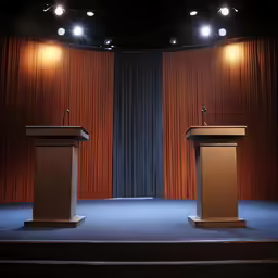 two podiums on a stage are shown at the end of it