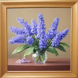 purple flowers sit in a vase on a table