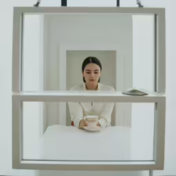 woman in white shirt and white pants sitting at a table