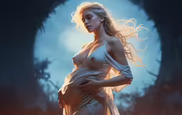the naked woman is standing in the forest