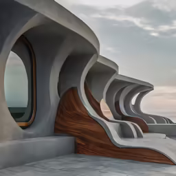 a building with a long wooden curved section