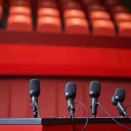 there are four microphones in the room with red walls