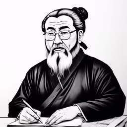 an asian man in black is holding his hand on a paper and writing