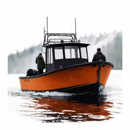 an orange boat moving across a body of water