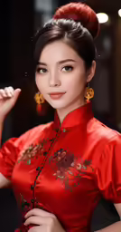 a girl in a red dress is posing for the camera