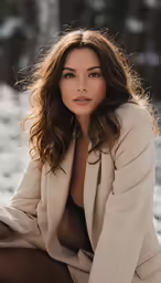 a beautiful woman in black panties and tan jacket