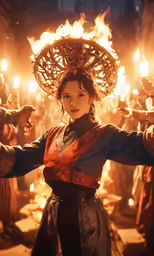 a young girl in ancient costumes surrounded by torches