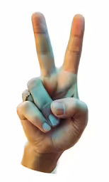 a person making a peace sign while holding their hand up
