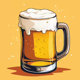a mug filled with foamy beer sitting on top of a yellow background
