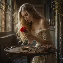 woman in dress leaning over a table full of candies