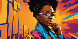 the woman in glasses is standing with her hand on her chin,an artwork of a woman wearing glasses standing with her hand on her chin