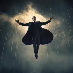 a man wearing a suit and cape in the rain