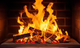 a fireplace in a building with logs burning in it