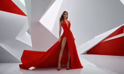 a woman in a red dress poses on a floor