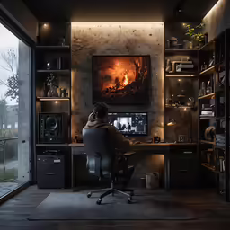 a man sitting at a desk with a computer on it