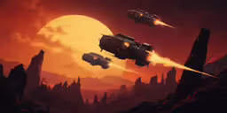 a bunch of space ships flying through a sunset
