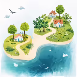 an island with a house on it and a path leading up the hill